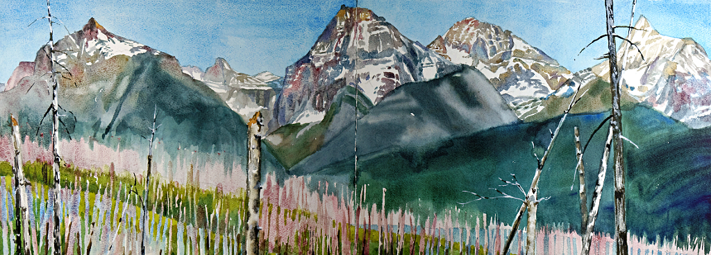 Suze Woolf painting of the Lewis Range and the Robert Fire